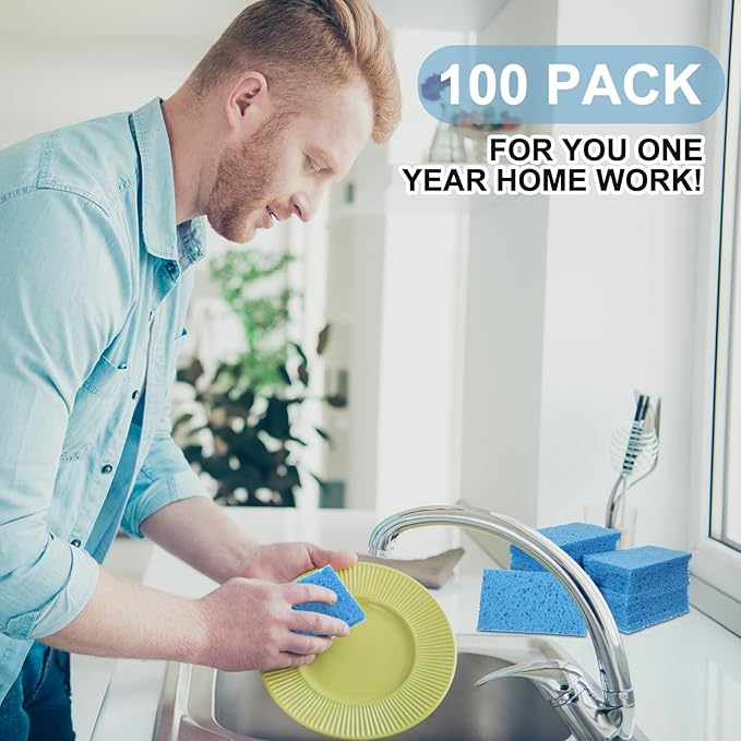 Zhengmy 100 Pieces Sponges Kitchen Compressed Sponges Bulk Natural Dish Sponge Compressed Wood Pulp Cleaning Sponge Without Scratching for Kitchen Bathroom, 3.9 x 2.4 x 0.12 Inch (Blue)