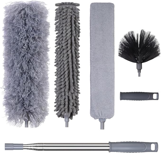 Duster with Extension Pole,Ceiling Fan Cleaner Duster Set of 6, Telescopic Cobweb Feather Duster 100 Inch,Ceiling Fan Duster, House Cleaning Tool Set