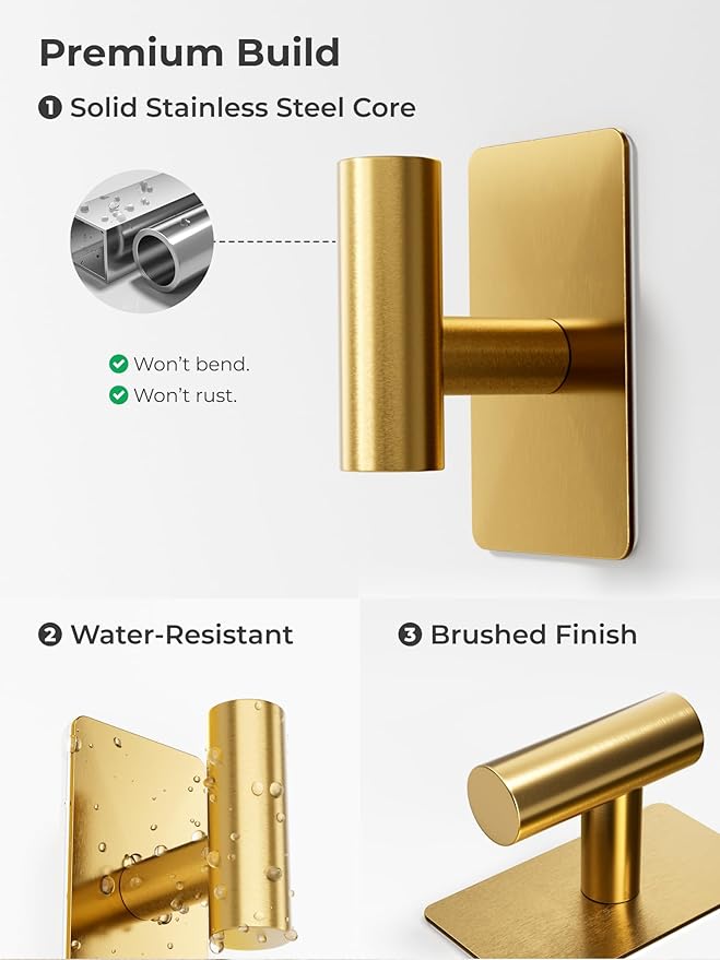Towel Hooks for Bathrooms – 4 Pack, Brushed Gold Finish, T-Shaped Stainless Steel Adhesive Wall Hooks for Robes & Towels in Kitchen, Shower, or Closet