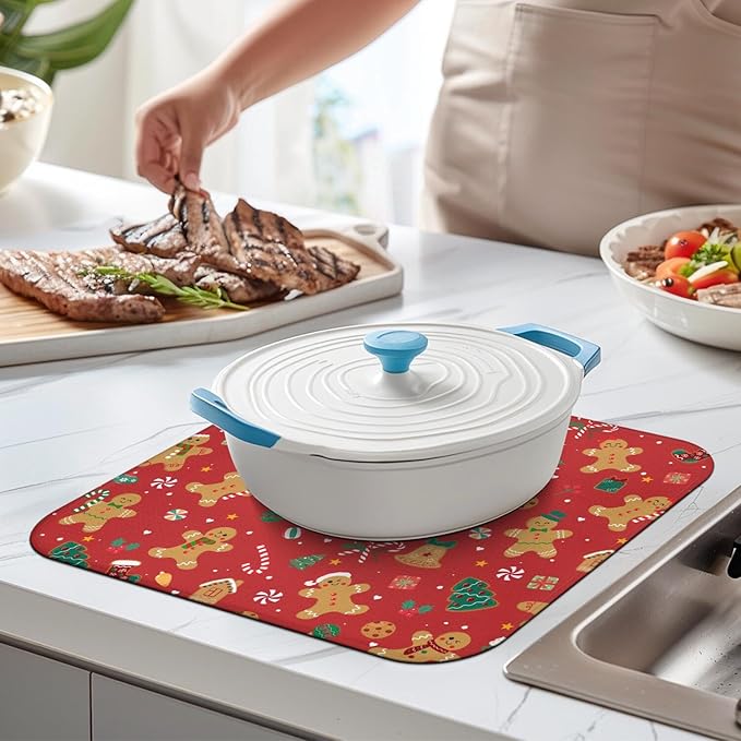 Christmas Kitchen Countertop Dish Drying Mat, Red Christmas Gingerbread Man Snowflake Pattern Microfiber Kitchen Drying Mat,Washable Absorbent Countertop Xmas Winter Holiday Dish Mat Drainer,16x18In