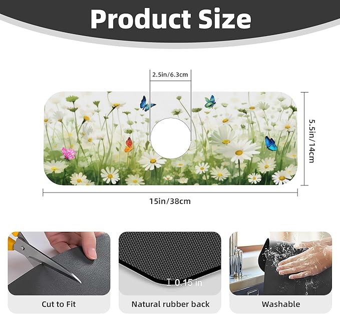 Vintage Watercolor Daisy Butterfly Dish Drying Mat for Kitchen Counter, 18"x24" Microfiber Absorbent Fast Dry Mat, 2Pcs Dish Mat Faucet Mats Sets, Large Drying Kitchen Mat Kitchen Drying Pad
