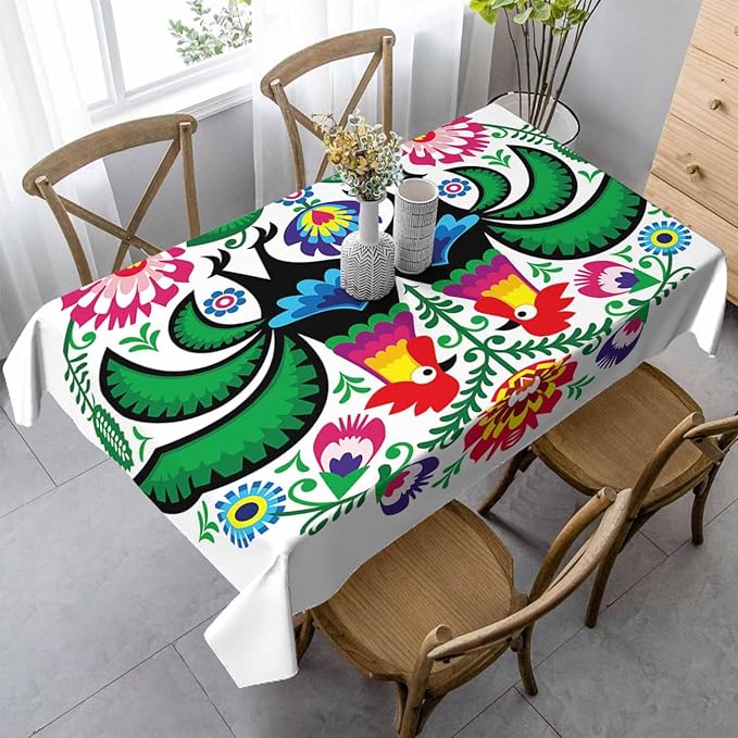 Rooster Table Cloth Rectangle Table Polish Folk Art Floral Leaves Flowers Cock 52x70 Tablecloths Decorative for Dining Kitchen Banquet Picnic Party