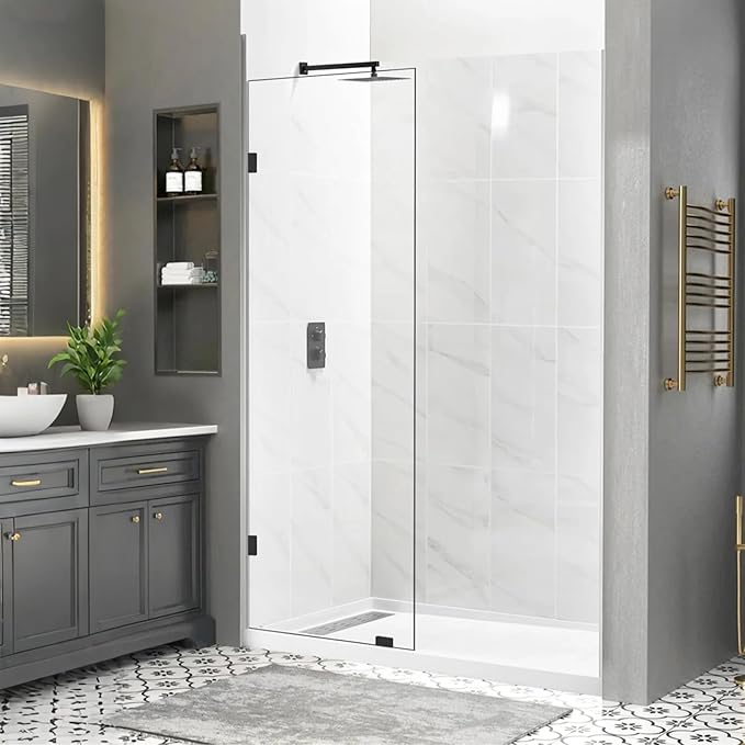 26" W x 78" H Frameless Shower Glass Panel, Single Fixed Shower Panel Screen with Clamps, 5/16"(8mm) Clear Tempered Glass, Bathroom Shower Doors Fixed Shower Glass Door Panel in Matte Black