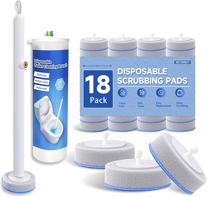 Disposable Toilet Brush, All-in-One Toilet Cleaning System,Toilet Bowl Wand Kit with 18 Count Scrubbing Pads Refills,Wall-Mounted,Compact,Multipurpose