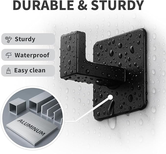 RUIGPRO Towel Hooks Adhesive No Drill, 2 Pack Matte Black Metal Hooks, Right Angle Design for Bathroom, Kitchen, Cabinet, Door, Holds Robes, Hats, Coats, Organizer for Smooth Surfaces