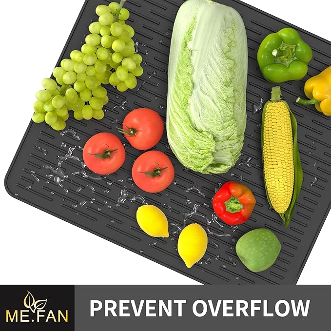 ME.FAN Silicone Dish Drying Mat for Kitchen Counter, Dish Drying Pad for Sink, Refrigerator or Drawer, Countertop Protection Pad XL - 23''×17'' - Black