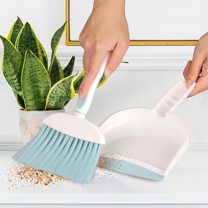 Small Dustpan and Brush Set Handheld Broom and Dustpan Set for Home Desktop Sofa Pet Household Care Camping (White+Green M3)