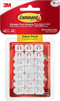 Command Decorating Clips,40 Clips and 48 Strips,Damage-Free Hanging Light-Clips with Adhesive Strips,No Tools Small Wall Clip for Hanging Lights and Cables,(Pack of 12)