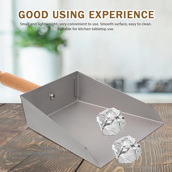 Tofficu Stainless Steel Dustpan with Wood Handle Mini Metal Dust Pan 8.66 X 5.51 Inches Compact Handheld Sweeping Tool for Household and Industrial Cleaning