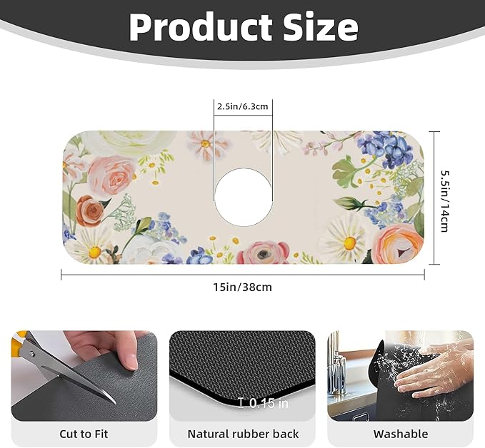 Vintage Country Watercolor Wildflowers Dish Drying Mat for Kitchen Counter, 16"x18" Microfiber Absorbent Fast Dry Mat, 2Pcs Dish Mat Faucet Mats Sets, Large Drying Kitchen Mat Kitchen Drying Pad