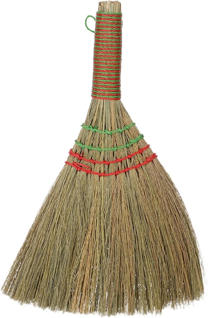12 Inch Whisk Broom Hand Held, Corn Broom Straw Hand Brooms Handmade Short Handle with Hanger for Indoor & Outdoor Use