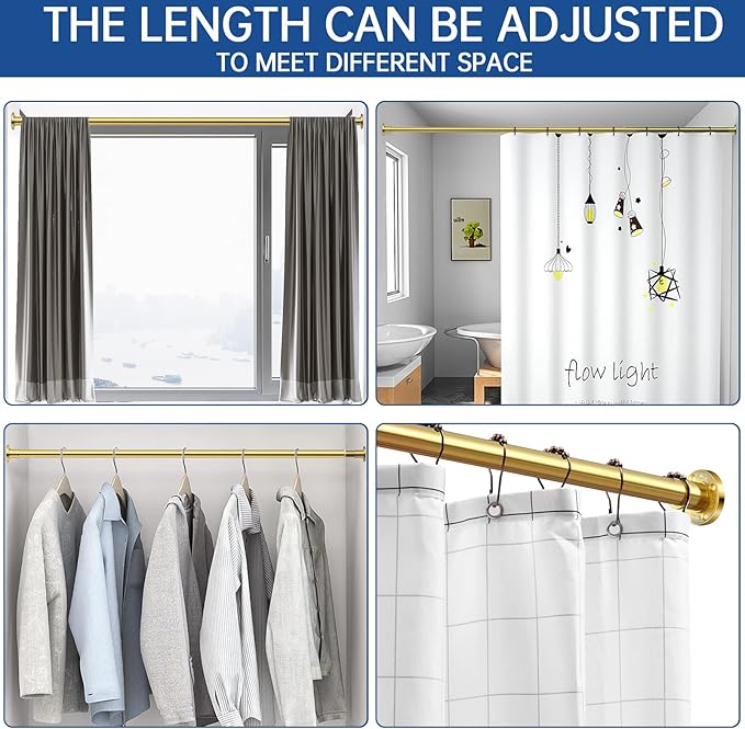 BRIOFOX Industrial Shower Curtain Rod - 2-in-1 Design Tension Curtain Rod - Never Rust Non-Slip 43 to 72 Inch Metal Steel, Gold Window Curtain Rod