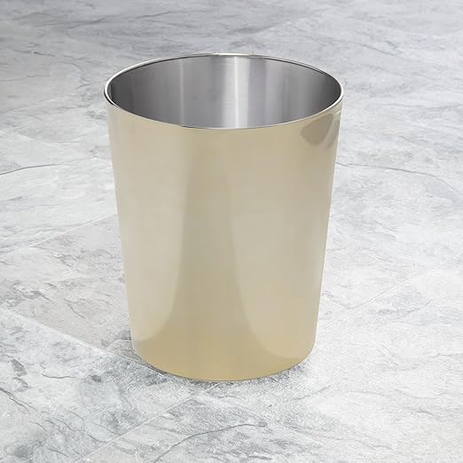 mDesign Round Metal Small 1.7 Gallon Recycle Trash Can Wastebasket, Garbage Container Bin for Bathrooms, Kitchen, Bedroom, Home Office - Durable Stainless Steel - Mirri Collection - Soft Brass