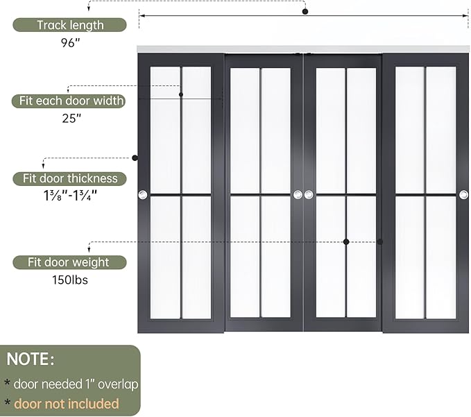 EaseLife 8FT/96in Bypass Double Sliding Pocket Door Hardware Kit,Commercial Grade,Aluminum,Bypassing Closet Doors Track for 4 Door System,Slide Smoothly Quietly,Easy Install,No Door
