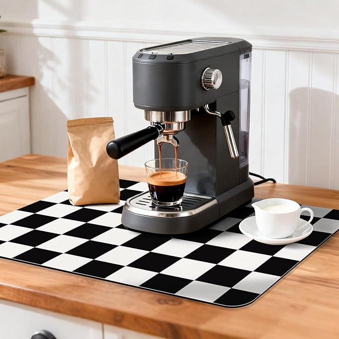 Checkered Dish Drying Mat 24" x 16" for Kitchen Counter Coffee Mat Bar Accessories,Fit Uder Pot, Dish Rack,Hide Stain,Absorbent Easy Clean