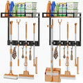 Broom Holder Wall Mount with Shelf Load 66LBS Broom and Mop Organizer Wall Hanging Broom Hanger with 4 Mop Hanger Grippers, 3 Hooks for Laundry Room, Garage, Utility Closet, Kitchen, 2 Packs