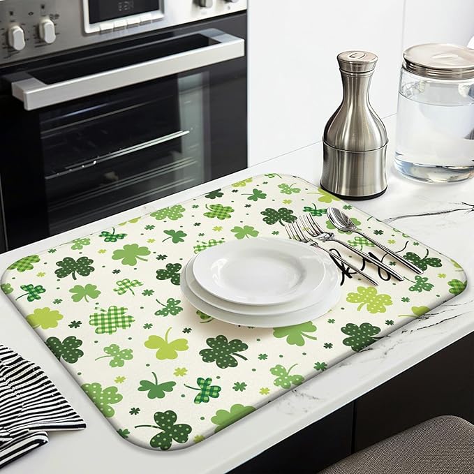 St. Patrick's Day Dish Drying Mat for Kitchen Counter, Green Four-Leaf Clover Microfiber Drain Mat, Shamrock Rug, Washable and Absorbent,18 x 24Inch