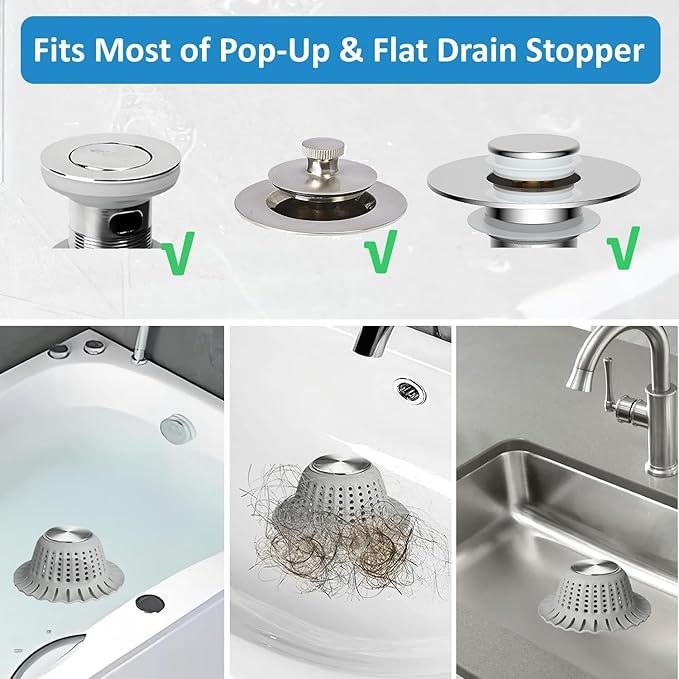 Hair Catcher Shower Drain,Bathtub Drain Hair Catcher, Covering Bathroom Sink Drain Strainer, Bathtub Protector for Pop-Up & Flat Bath Tub Drain Stoppers,Hair Trap for Shower Drain Effectively (Grey)