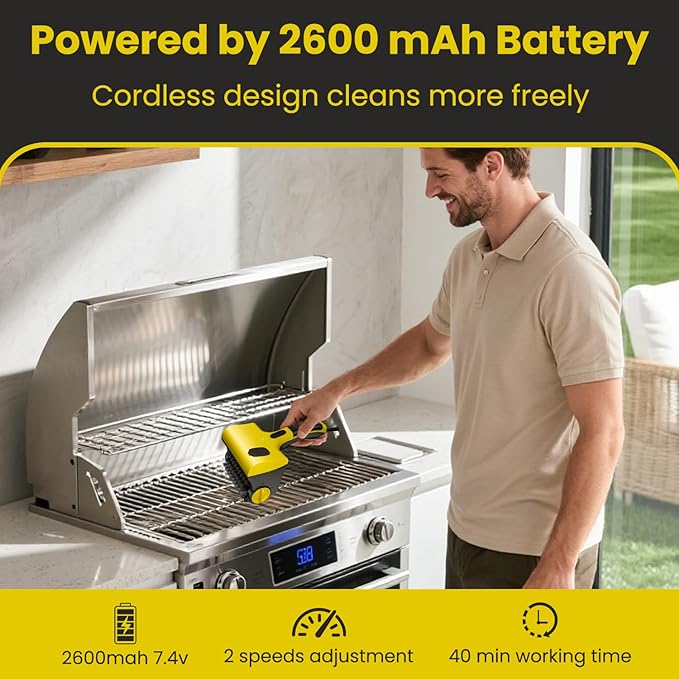 Electric Grill Brush for Outdoor, Cordless Rechargeable Grill Brush with Water & Cleaning Solution Tank, IPX7 Waterproof, 304 Stainless Steel, Automatic Grill Cleaner for BBQ Grates, Gifts for Dad