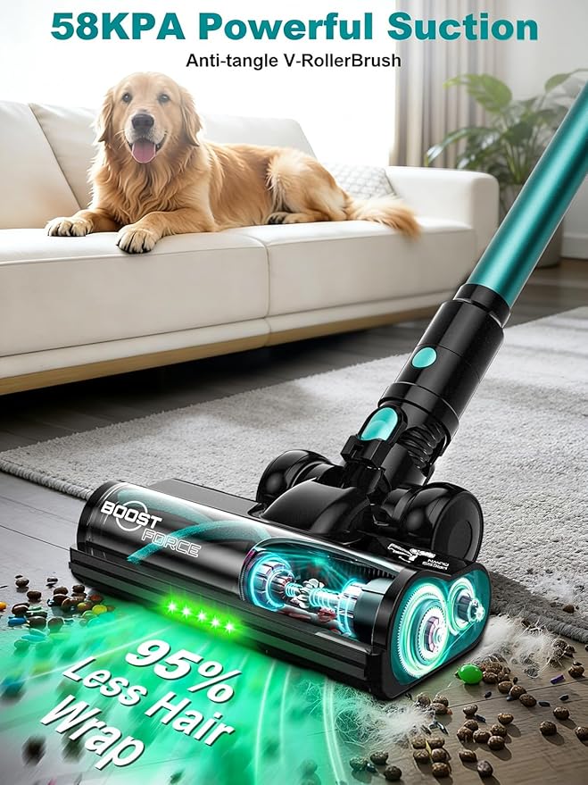 Cordless Vacuum Cleaner, 58Kpa Vacuum Cleaners for Home, 55Mins Stick Vacuum with Self-Standing & LED Display, Anti-Tangle & Wall Mount Charging (Cyan)