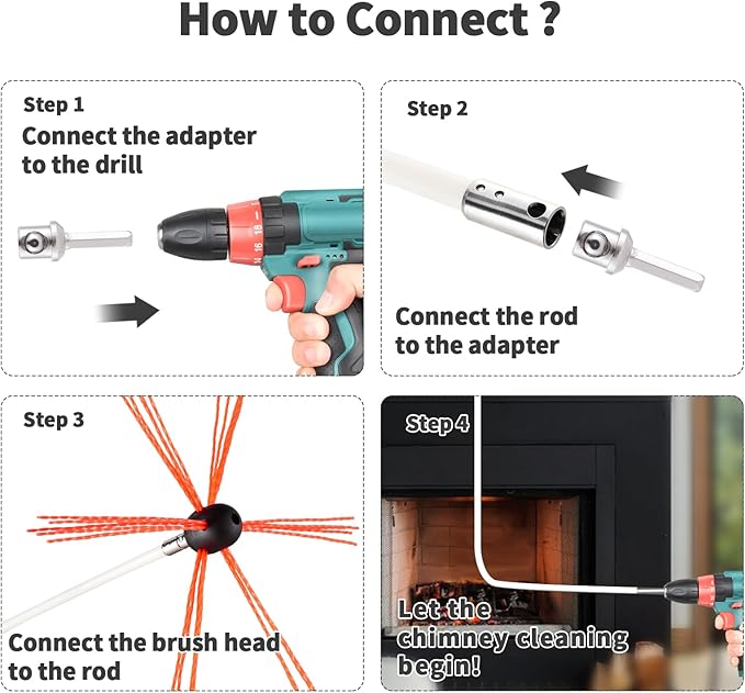 3 Piece Chimney Brush Head Kit, Chrome Button Locking System, Chimney Cleaning Tool, with a Brush Head, a Drill Adapter and a Hex Key