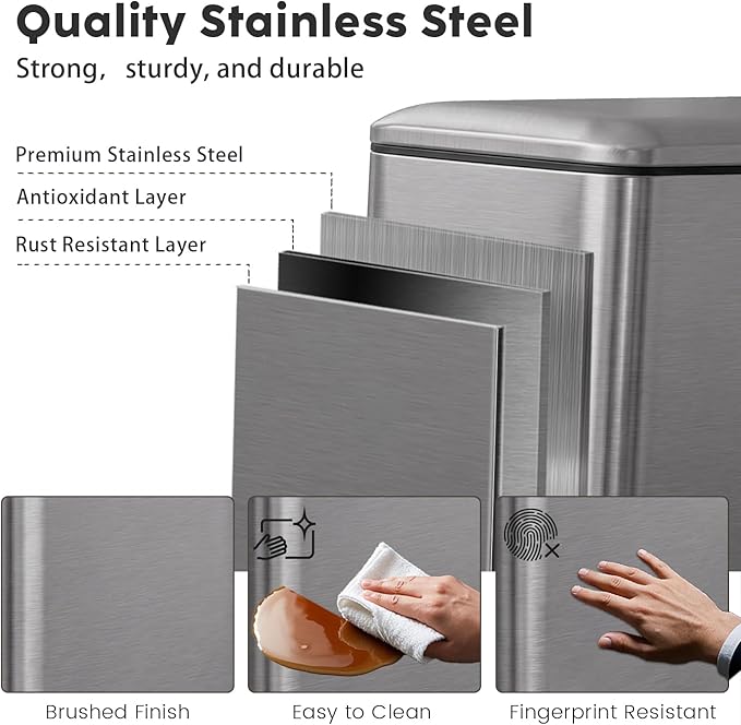 8 Gallon Trash Can with Lid, Stainless Steel Bathroom Garbage Can with Removal Inner Bucket, Soft Close Lid, Step on Trash Bin for Kitchen, Office, Laundry, 30 Liter Capacity, Kohler Grey