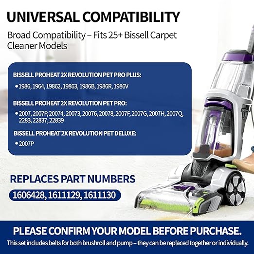 Replacement Belt Set for Bissell ProHeat 2X Revolution Pet Pro Carpet Cleaner 1986, 1548, 2007, 1551, 1964 – Replaces 1606428, 1611129, 1611130 – 3 Types: Flat, Brush & Gear Belt (3-Pack)