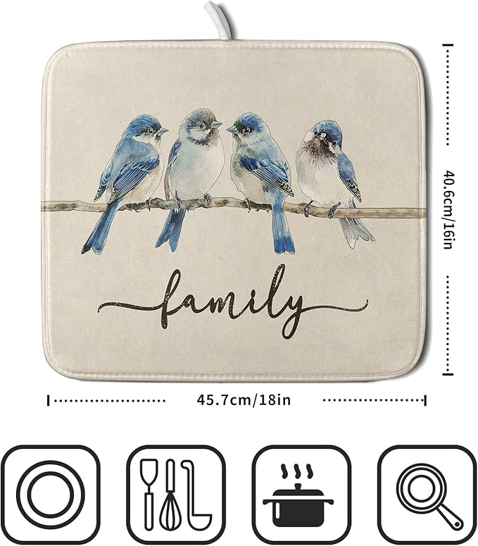 Home Blue Bird Family Dish Drying Mat for Kitchen Counter,Spring Summer Drying Mat 16 x 18 Inch with Absorbent Reversible Microfiber Drying Pad for Coffee Bar