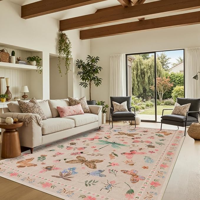 5x7 Pink Washable Area Rugs for Bedroom,Girls Room,Nursery Room,Living Room -Insect Floral Boho Vintage Rug,Soft & Non-Slip,Low Pile Wool Carpet for Indoor Dining Room,and Kids Room(Pink)