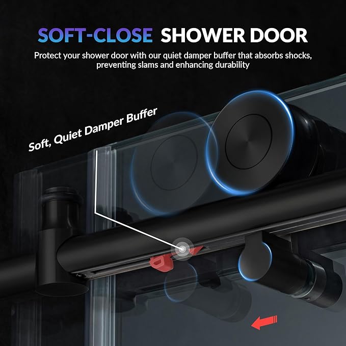 Woodbridge Frameless Single Sliding Shower Doors in Matte Black Finish, 57.5-60" Width x 62" Height with 3/8"(10mm) Clear Tempered Glass, Soft Close System and Explosion-Proof Film, BSDC6062-MB