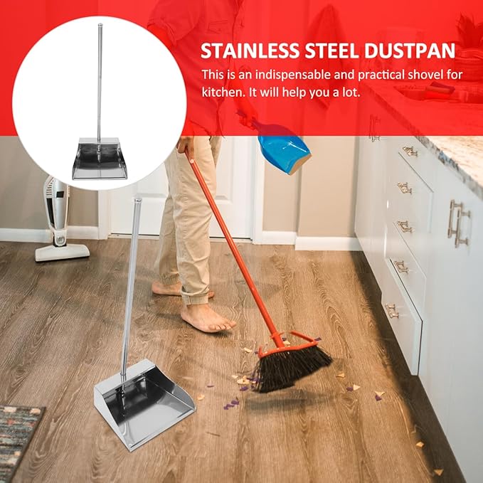 Cabilock Stainless Steel Upright Dustpan with Long Handle Heavy Duty Metal Dust Pan for Home Cleaning Floor Debris Removal 28.34X10.03X8.54 Inches No Bent Over Garbage Shovel