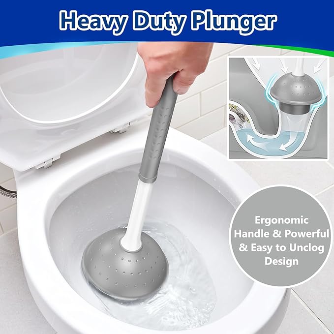 Toilet Brush and Plunger Set: 2-in-1 Heavy Duty Toilet Plunger and Bowl Brush Combo with Holder for Bathroom Cleaning - White