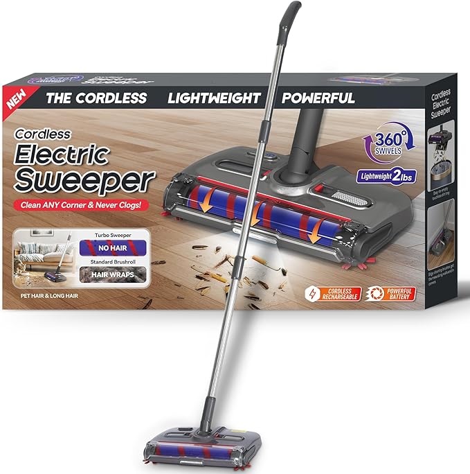 Swivel Cordless Sweeper,Floor Cordless Sweeper, Cordless Electric Sweeper Rechargeable Cordless Sweeper, 360 Direction, Hard Floor Sweeper Roller Sweeper for Home Crumbs,Kitchen, pet Hair,