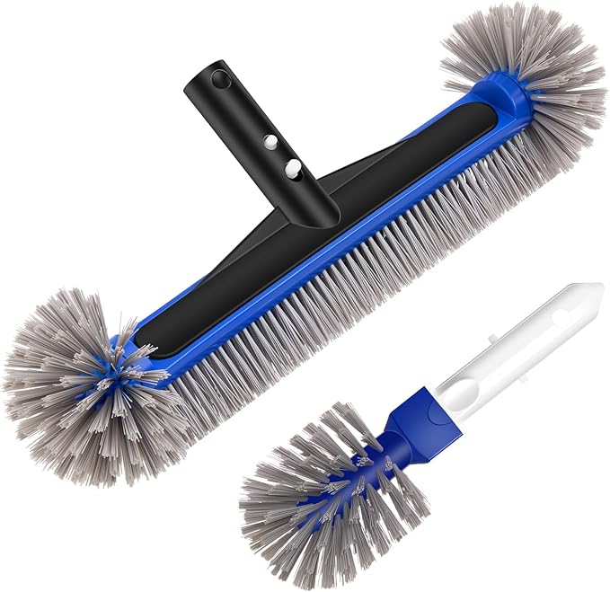 16.7'' Swimming Pool Brush Head with Round Ends, EZ Clip Aluminum Handle, Heavy Duty Pool Brushes for Clean Swimming Pools Faster, Extra Corner Brush Head for Clean Pool Steps & Corners