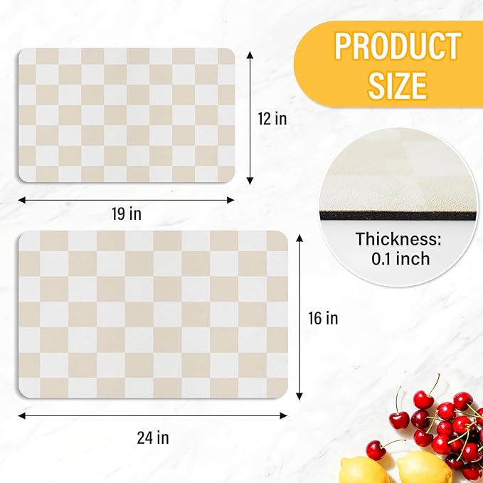 Checkered Dish Drying Mat for Kitchen Counter Coffee Mat Bar Accessories,Fit Uder Pot, Dish Rack,Hide Stain,Absorbent Easy Clean (Beige, 19" x 12")