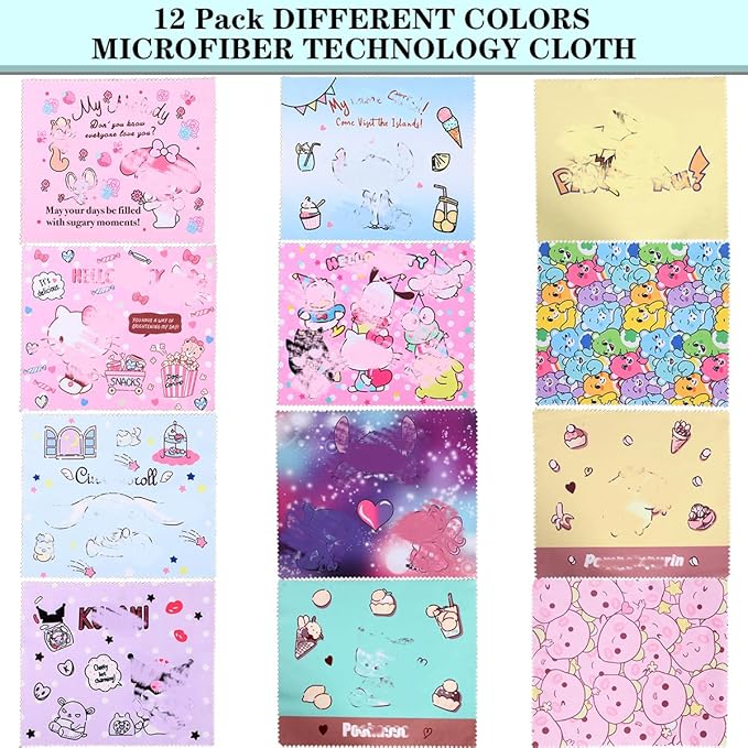 12 Pack Cartoon Colors Microfiber Cleaning Cloths-Cameras Lenses,Glasses,Sunglasses,Jewelry,Crystal,Cell Phone,iPad,iPhone,LCD TV Screens,Safe Cleans Protect(7.08X5.9in)