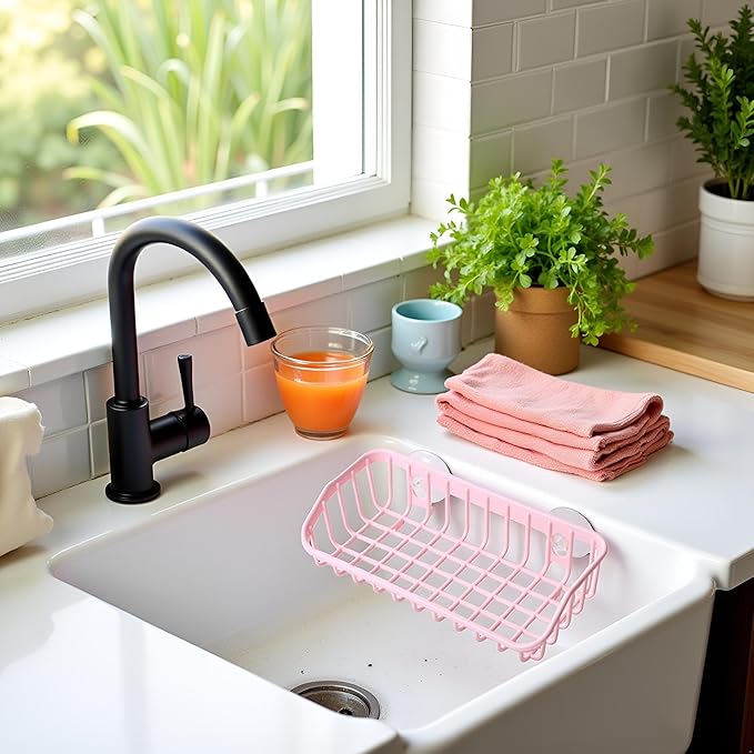 Pink Multifunctional Drain Rack,Hanging Storage Rack Drain Rack Sink Shelf Suction Cup Dishwashing Soap Sponge Holder for Kitchen Accessories
