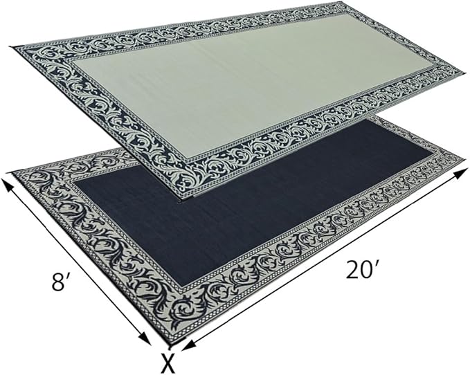Stylish Camping Ming's Mark RC1 Stylish Camping Reversible Classical Patio Mat - 8' x 20', Black/Beige