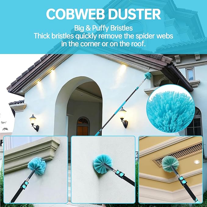 High Ceiling Duster Kits with 3-8ft Heavy Duty Extension Pole - Fan Blade Cleaner, Cobweb Remover & Blue Window Squeegee Kit, Washable Dust Brush and Glass Surfaces, Skylight Shades Operating Hook