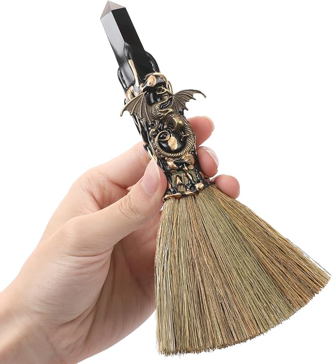 Witch Crystal Altar Broom - Witchcraft Supplies Wiccan Decor Dragon Altar Supplies with Black Obsidian Natural Healing Crystals Reiki Energy Emotional Regulation Wealth Attraction Crafts