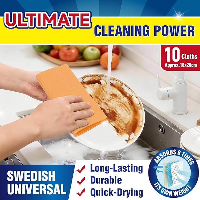 Swedish Dishcloths, 10 Pack, Ultra Absorbent Cellulose Kitchen Cloths, Reusable Paper Towels, Multi-Purpose Cleaning Rags for Kitchen & Bathroom (5 Assorted Colors)