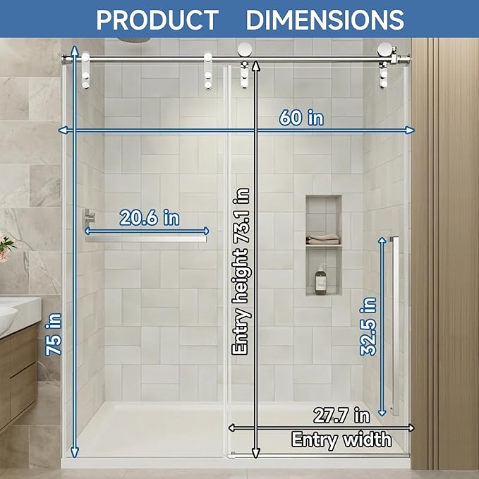 Frameless Sliding Shower Door for 56–60 in Wide Shower, Stainless Steel Barn-Style Glass Shower Door, Single Sliding, with Shatterproof Film, Chrome