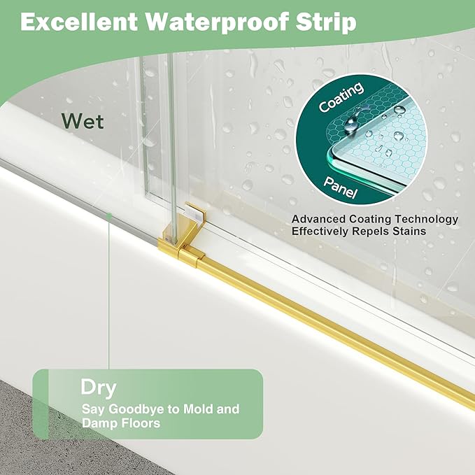 KPUY Frameless Sliding Bathtub Door, 55-60" W x 60" H Tub Shower Door, 1/4" (6mm) Thick Tempered Clear Glass with Explosion-Proof Film Nano Coating, Brushed Gold