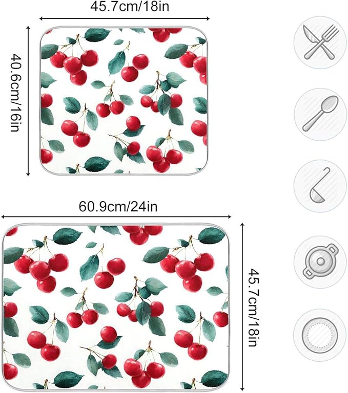 Red Cherry Leaves Dish Drying Mat for Kitchen Counter Absorbent Microfiber Drying Pad, Medium 16x18 in