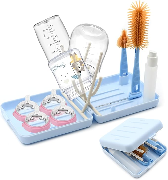 Portable Baby Bottle Brush Kit Premium Silicone Bottle Cleaner Brush, Nipple Brush, Straw Brush, Soap Dispenser, Bottle Drying Rack, and a Storage Organizer Case for Both Home and Travel Uses (Blue)