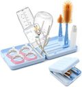 Portable Baby Bottle Brush Kit Premium Silicone Bottle Cleaner Brush, Nipple Brush, Straw Brush, Soap Dispenser, Bottle Drying Rack, and a Storage Organizer Case for Both Home and Travel Uses (Blue)