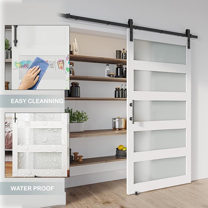 42'' x 84'' Glass Barn Door and 7 Ft Hardware Kit Included, MDF White Barn Door Slab with Frosted Glass, PVC Surface, Combined with Handle and Floor Guide-Assembly Required, White