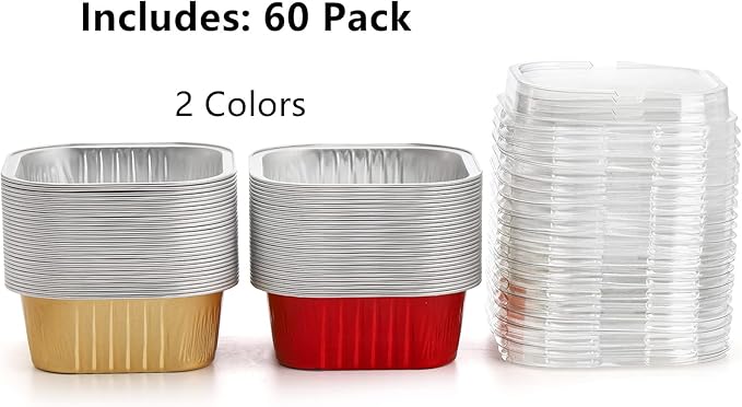 ZEAYEA 60 Pack 10 oz Aluminum Foil Baking Cups with Lids and Spoons, Disposable Foil Ramekins Cupcake Containers, Cupcake Muffin Liners Cups for Wedding Christmas Birthday Party