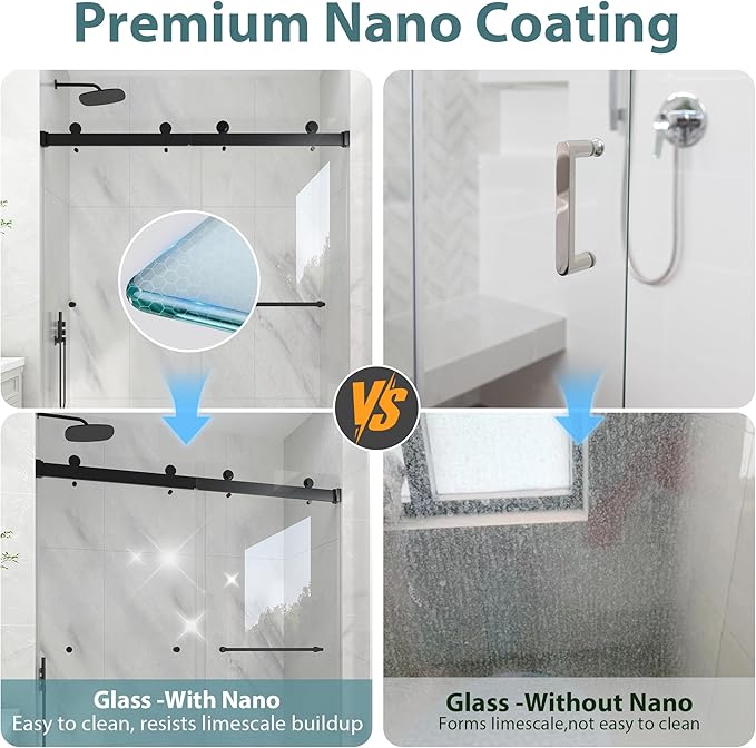 KPUY Frameless Shower Door, 55-60" W x 76" H Double Sliding Glass Shower Door, 1/4" (6mm) Thick Tempered Clear Glass with Explosion-Proof Film Nano Coating, Matte Black