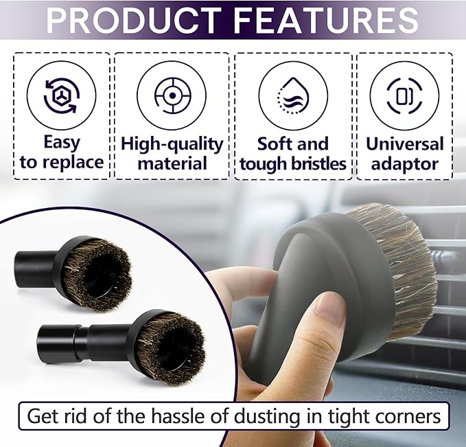 3PCS Horse Hair Brush Vacuum Attachment Set - Black Round Horse Hair Vacuum Attachments & Brushes - Shop Vac Brush Attachment for Most Vacuum Cleaners Accessories - 1 1/4" Vacuum Attachments Included